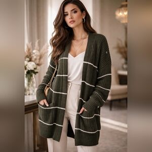 Cozy Olive Striped Open-Front Cardigan Sweater